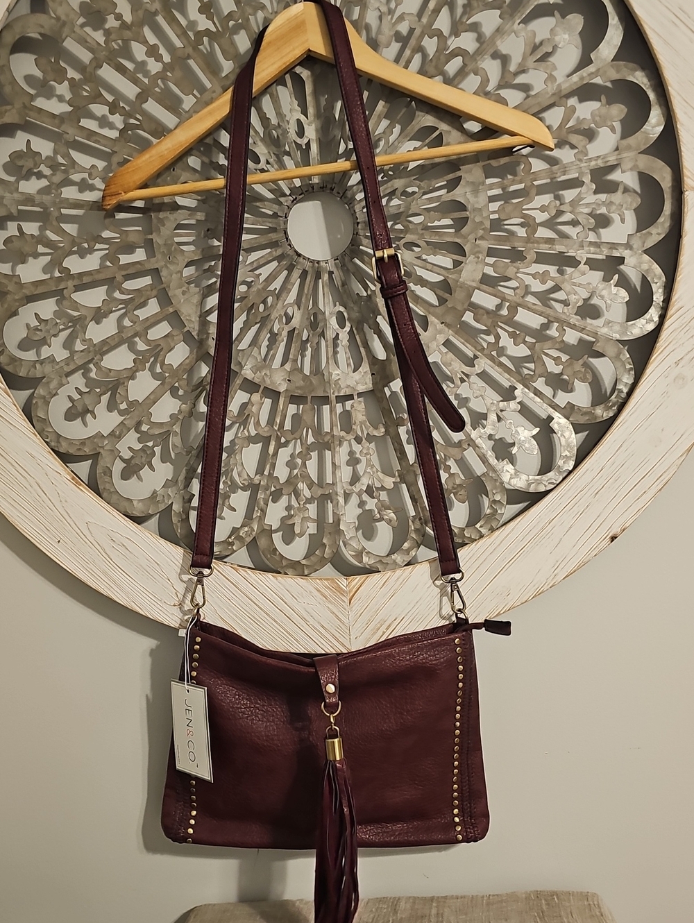 Jen & Co Burgundy Leather Crossbody Bag with Tassel